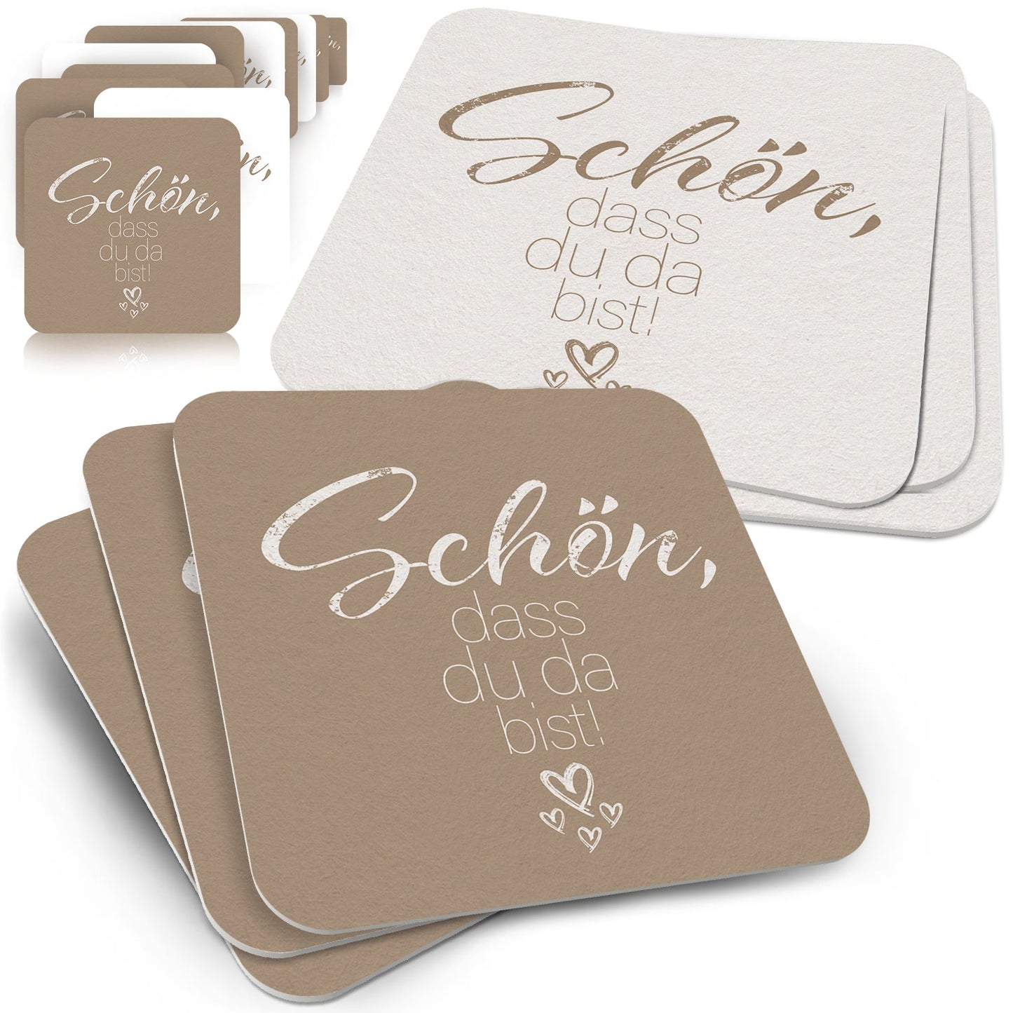 50 Bierdeckel Schön dass du da bist, quadratisch Mocca Braun