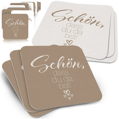 50 Bierdeckel Schön dass du da bist, quadratisch Mocca Braun