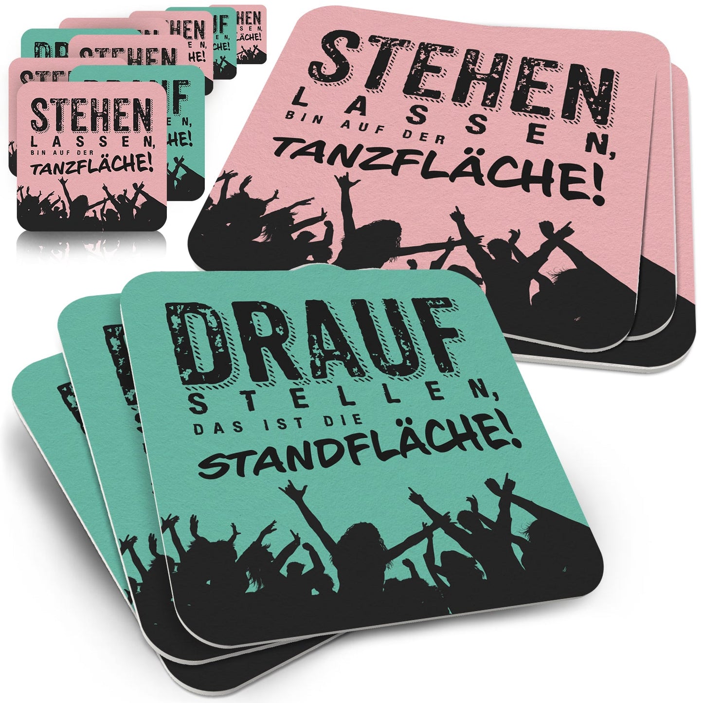 50 Bierdeckel mit Spruch Tanzfläche/Standfläche, Party Deko Grün Rosa