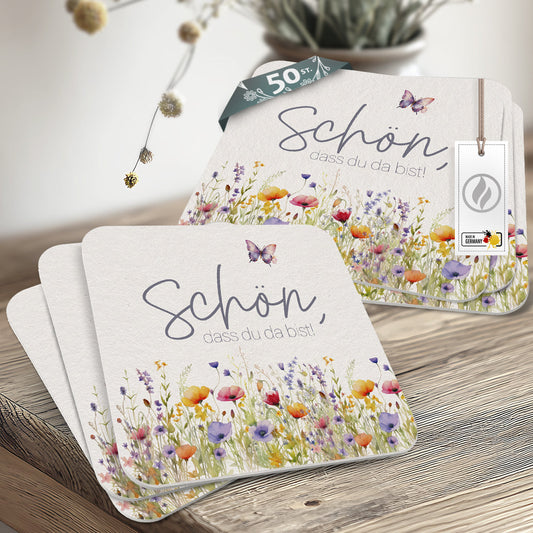 50 Bierdeckel Schön dass du da bist, Floral Butterfly Wildblumen