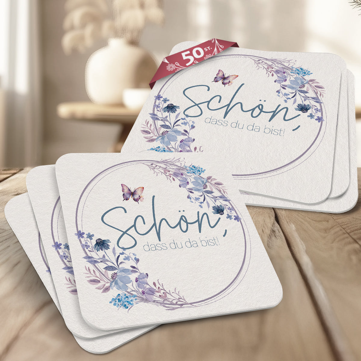 50 Bierdeckel "Schön, dass du da bist" - Floral Butterfly Fliederblau