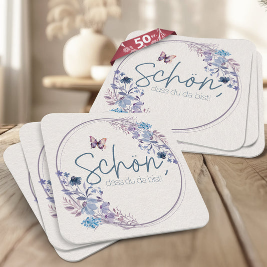50 Bierdeckel "Schön, dass du da bist" - Floral Butterfly Fliederblau