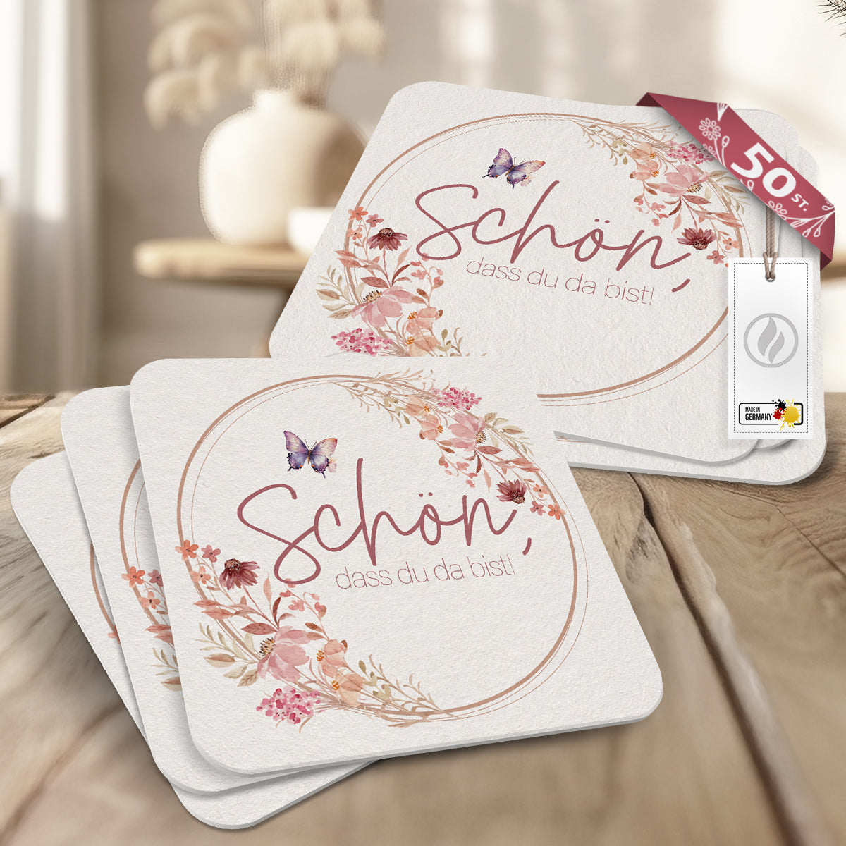 50 Bierdeckel "Schön, dass du da bist" - Floral Butterfly Altrosé