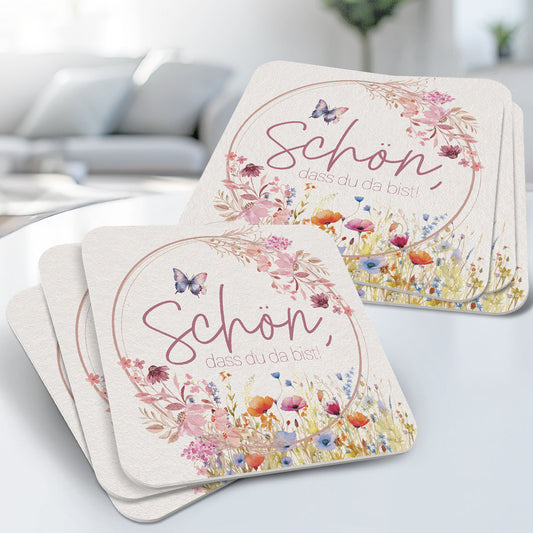 50 Bierdeckel Schön, dass du da bist, Floral Butterfly Blumenwiese