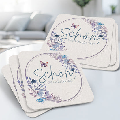 50 Bierdeckel "Schön, dass du da bist" - Floral Butterfly Fliederblau