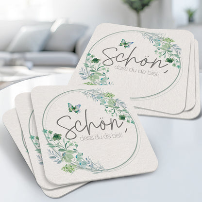 50 Bierdeckel "Schön, dass du da bist" - Floral Butterfly Salbeigrün