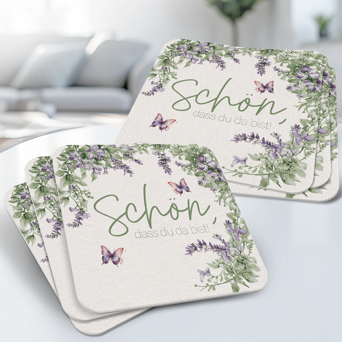 50 Bierdeckel Schön dass du da bist, Floral Butterfly Lavendelgrün