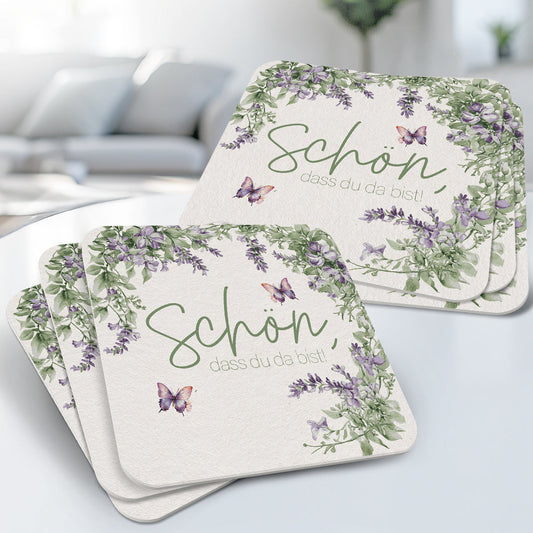50 Bierdeckel Schön dass du da bist, Floral Butterfly Lavendelgrün