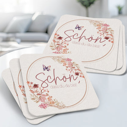 50 Bierdeckel "Schön, dass du da bist" - Floral Butterfly Altrosé