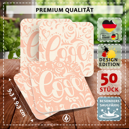 50 Bierdeckel Love, Hochzeit Pastellrosa