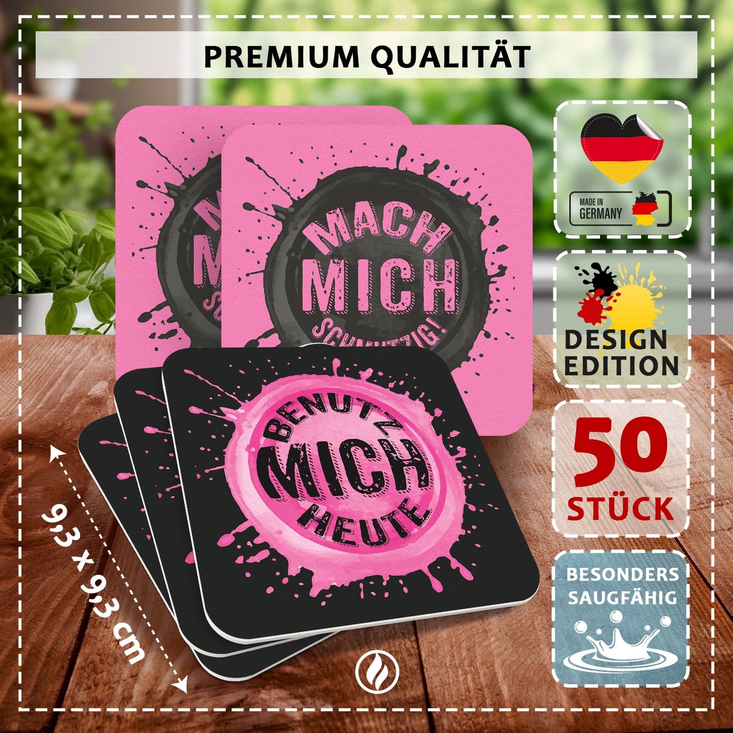 Freche Bierdeckel - 50er Set mit Zweideutigen Sprüchen "Mach mich schmutzig" & "Benutz mich heute"