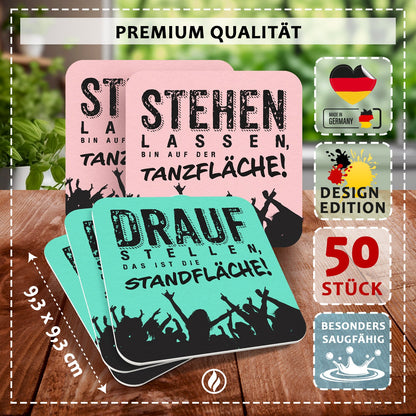 50 Bierdeckel mit Spruch Tanzfläche/Standfläche, Party Deko Grün Rosa