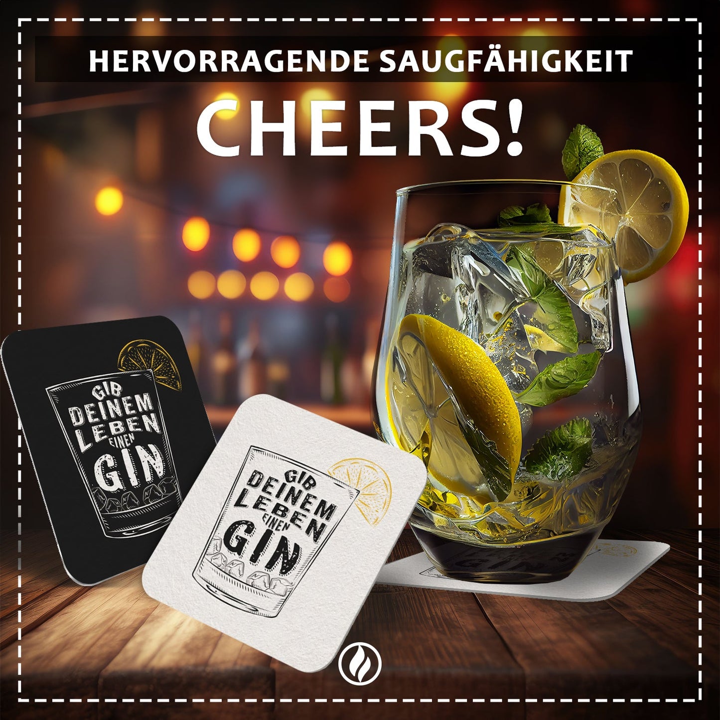 Bierdeckel Gin – 50er Set "Gib deinem Leben einen Gin", Humorvolles Design mit Zitronenscheibe