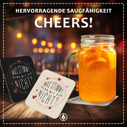 "Was stimmt denn mit dir nicht?" Bierdeckel - 50 Stück - Witziges Design mit Herzakzenten