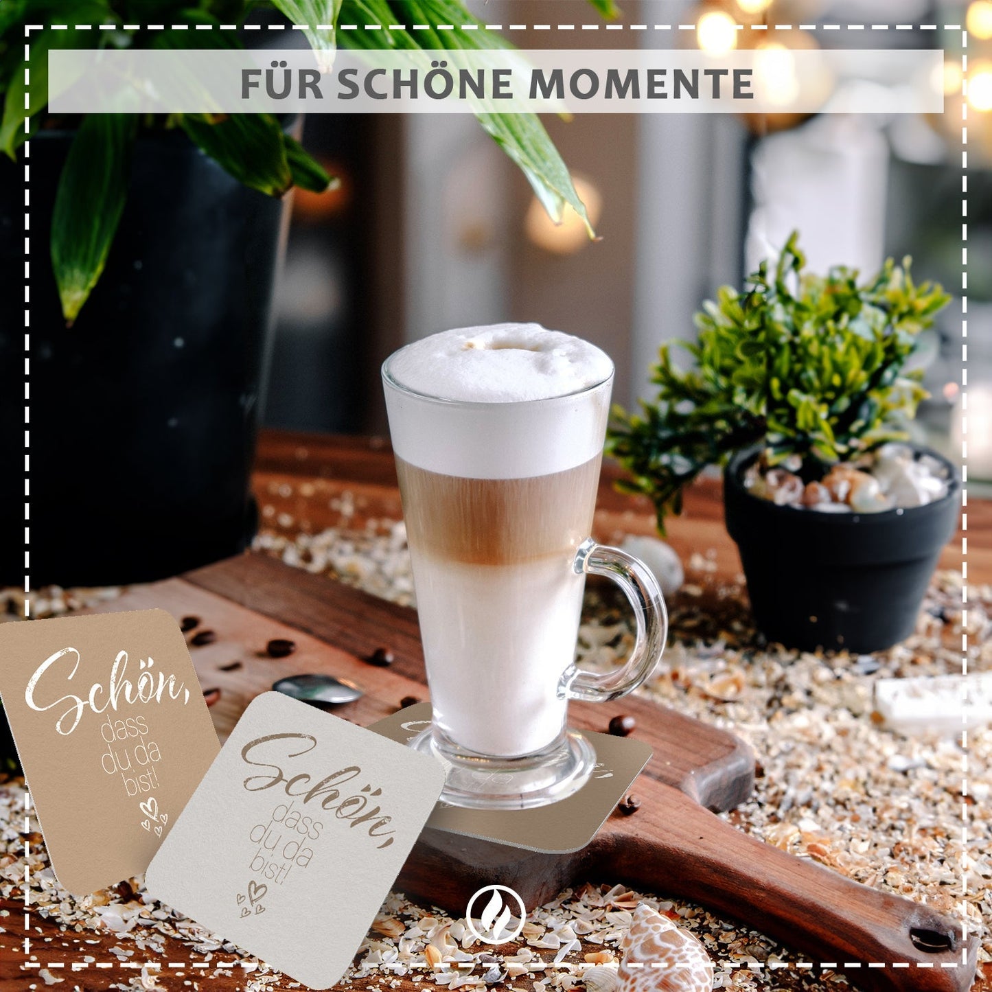 50 Bierdeckel Schön dass du da bist, quadratisch Mocca Braun