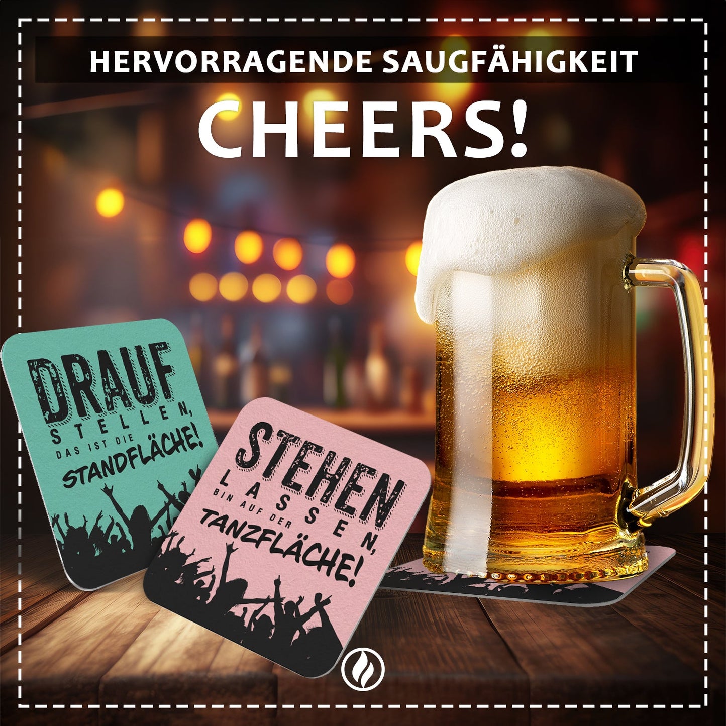 50 Bierdeckel mit Spruch Tanzfläche/Standfläche, Party Deko Grün Rosa