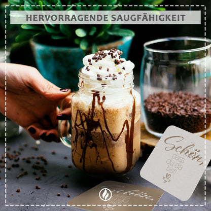 50 Bierdeckel Schön dass du da bist, quadratisch Mocca Braun