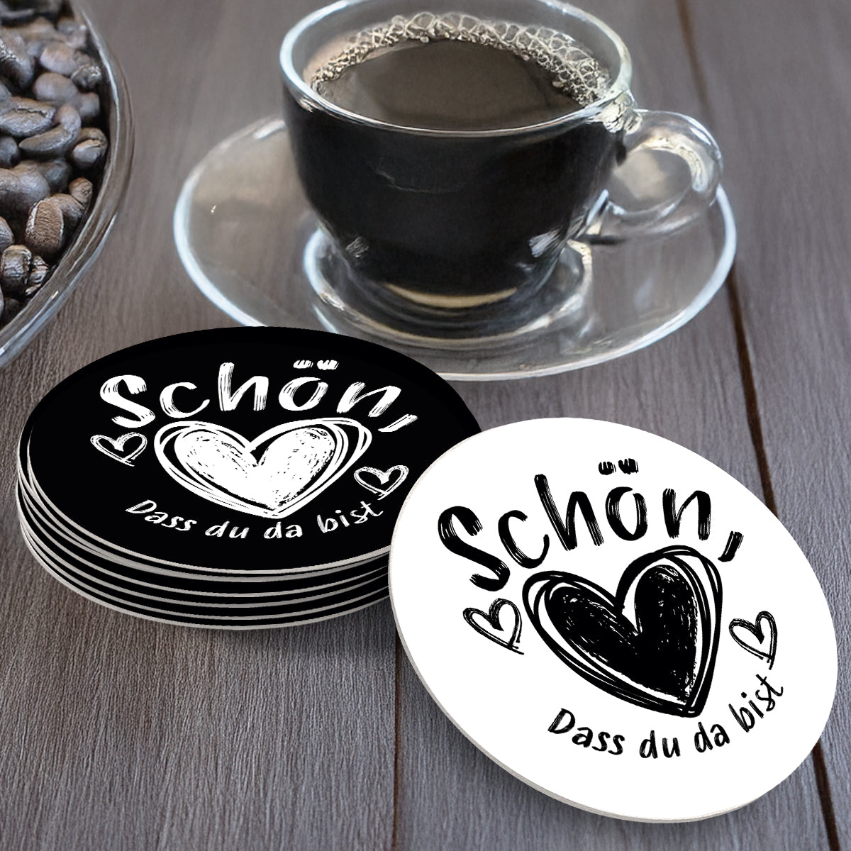 50 Bierdeckel rund Schön, dass du da bist, Herzfunke Kritzelmoment Kaschmirschwarz