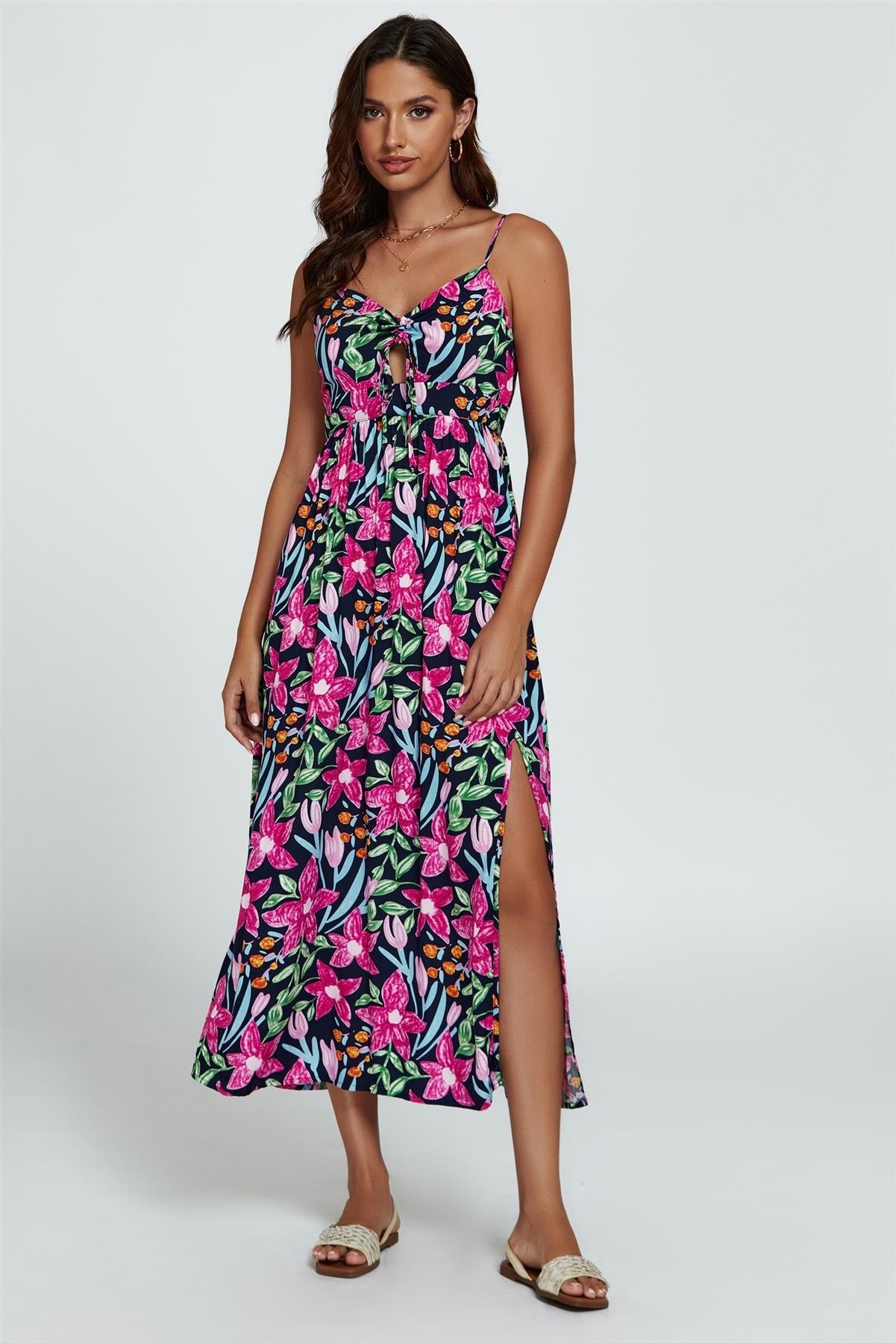 Maxi-Kleid mit Blumendruck & Bindeband vorne in Schwarz