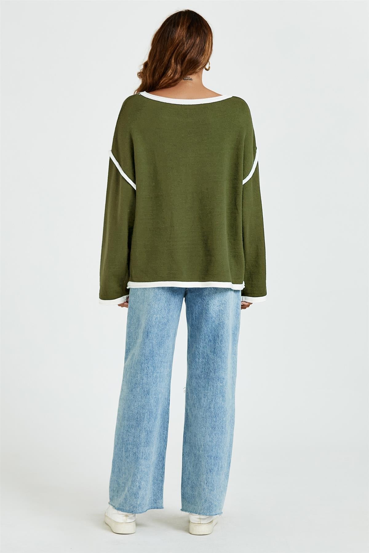 White Striped Oversized Jumper Top In Khaki Green