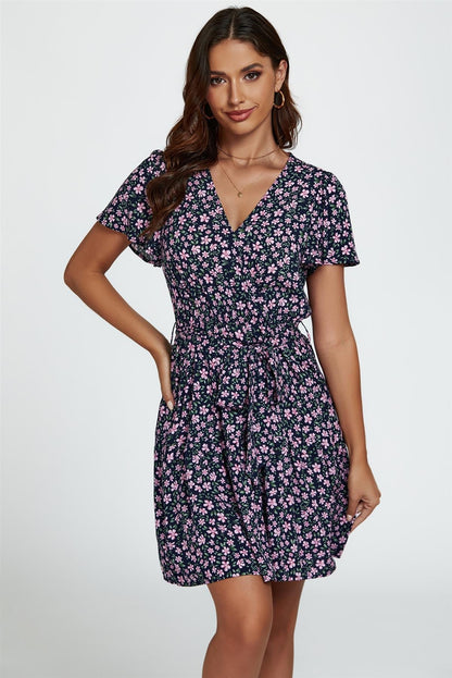 Floral Print Hem Tiered Wrap Mini Dress In Navy