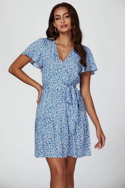 Floral Print Hem Tiered Wrap Mini Dress In Blue