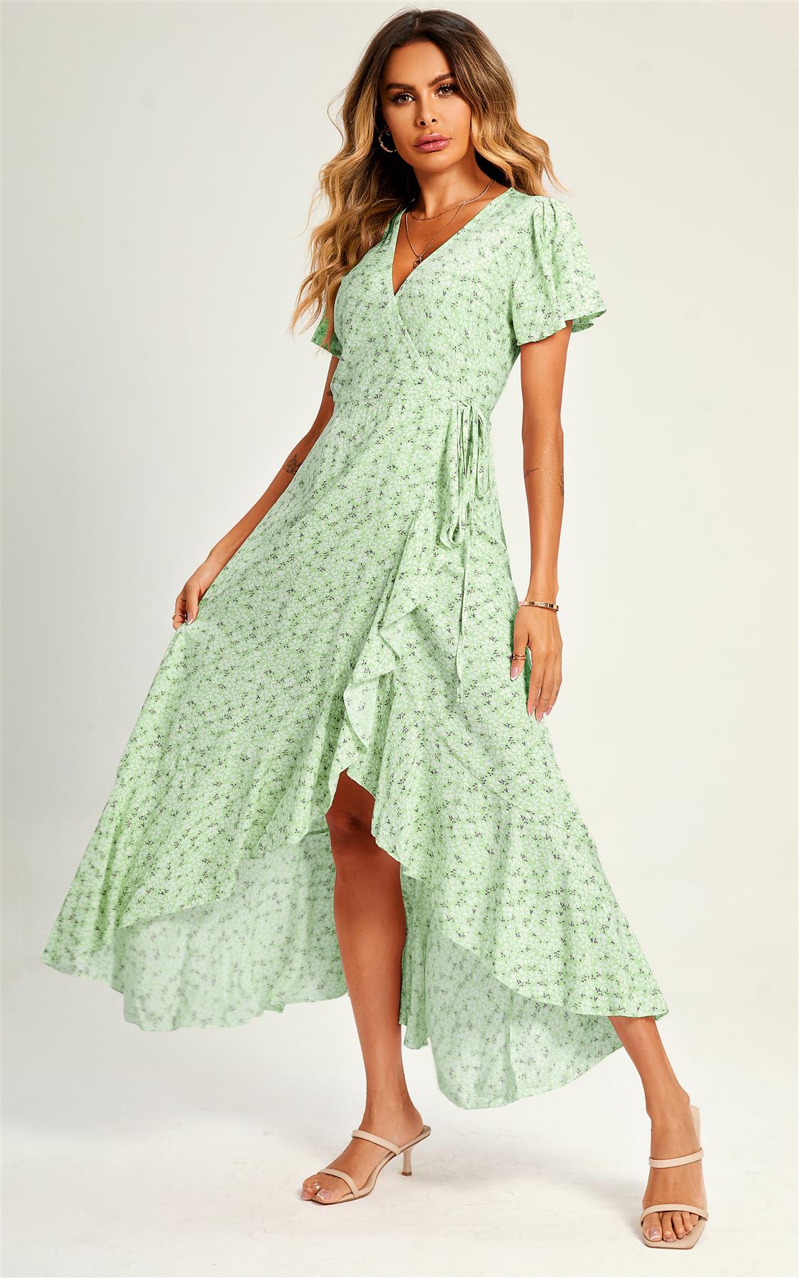 Summer Floral Print Hem Wrap Midi Dress In Mint Green