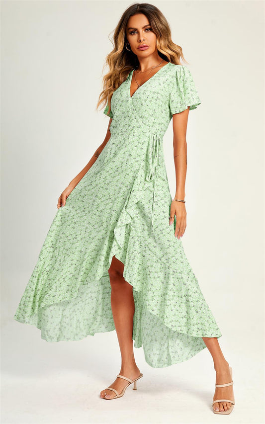 Summer Floral Print Hem Wrap Midi Dress In Mint Green