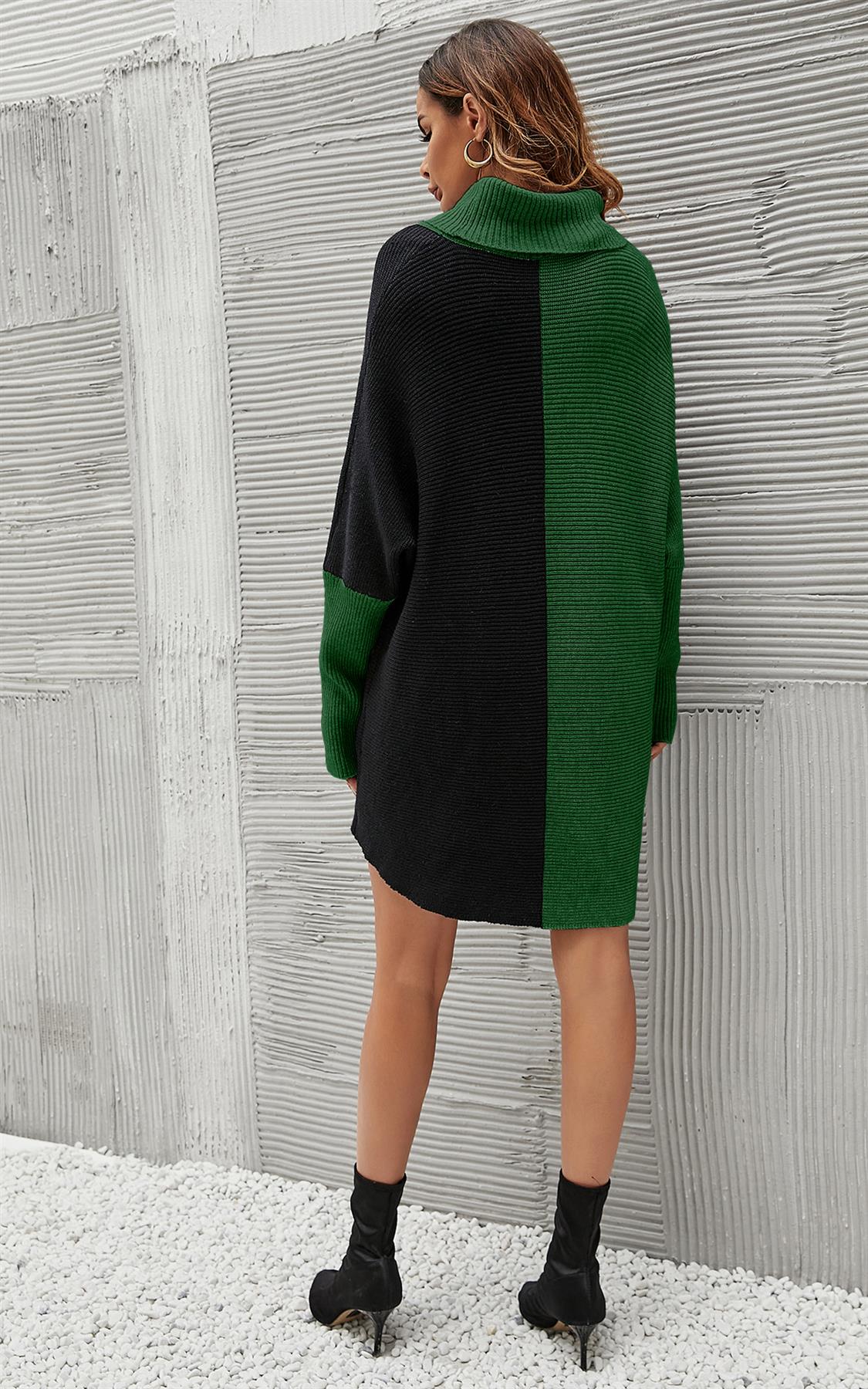 High Neck Half Forest Green & Black Block Colour Jumper Top