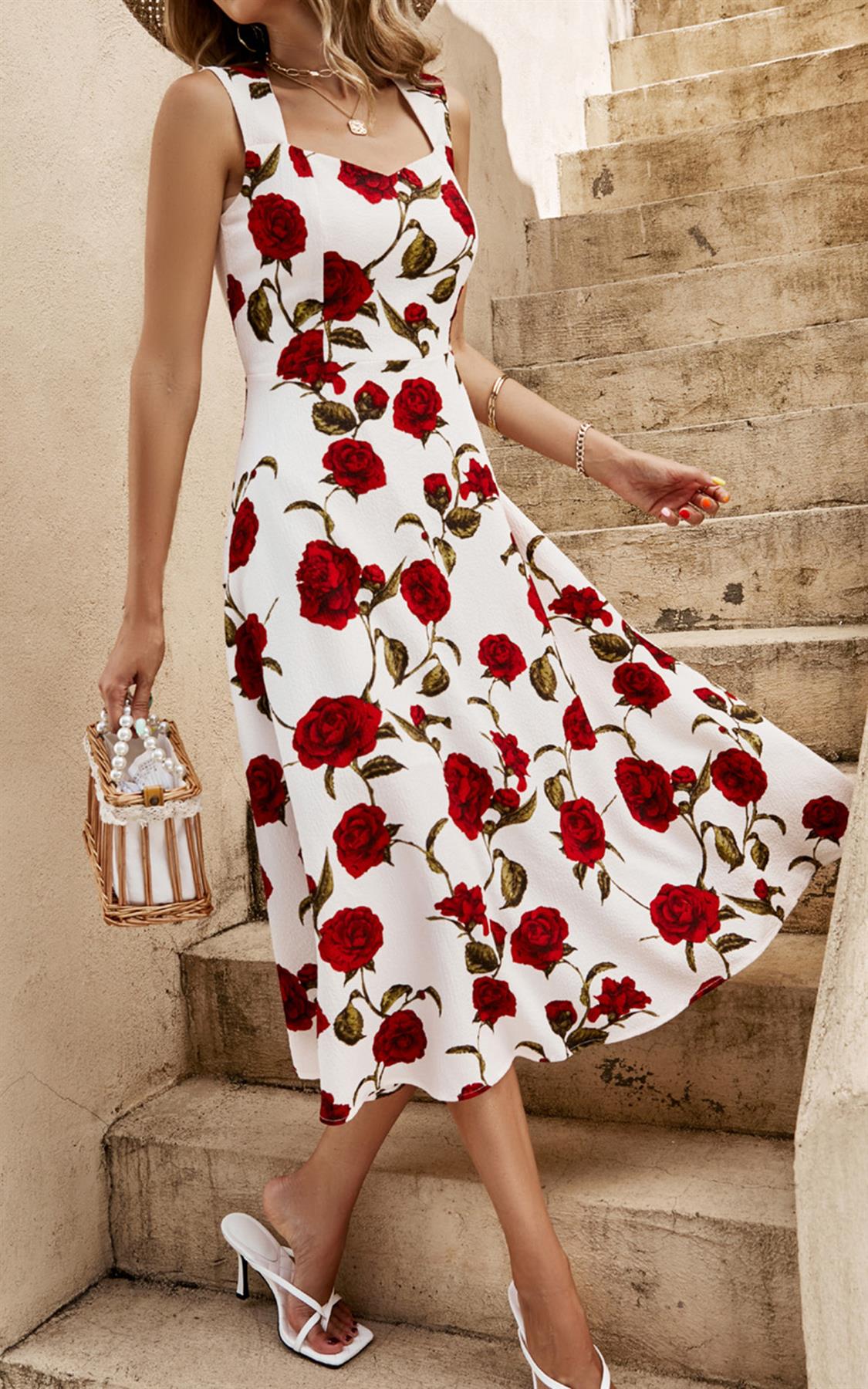 Red Roses Print Heart Neck Midi Dress In Off White