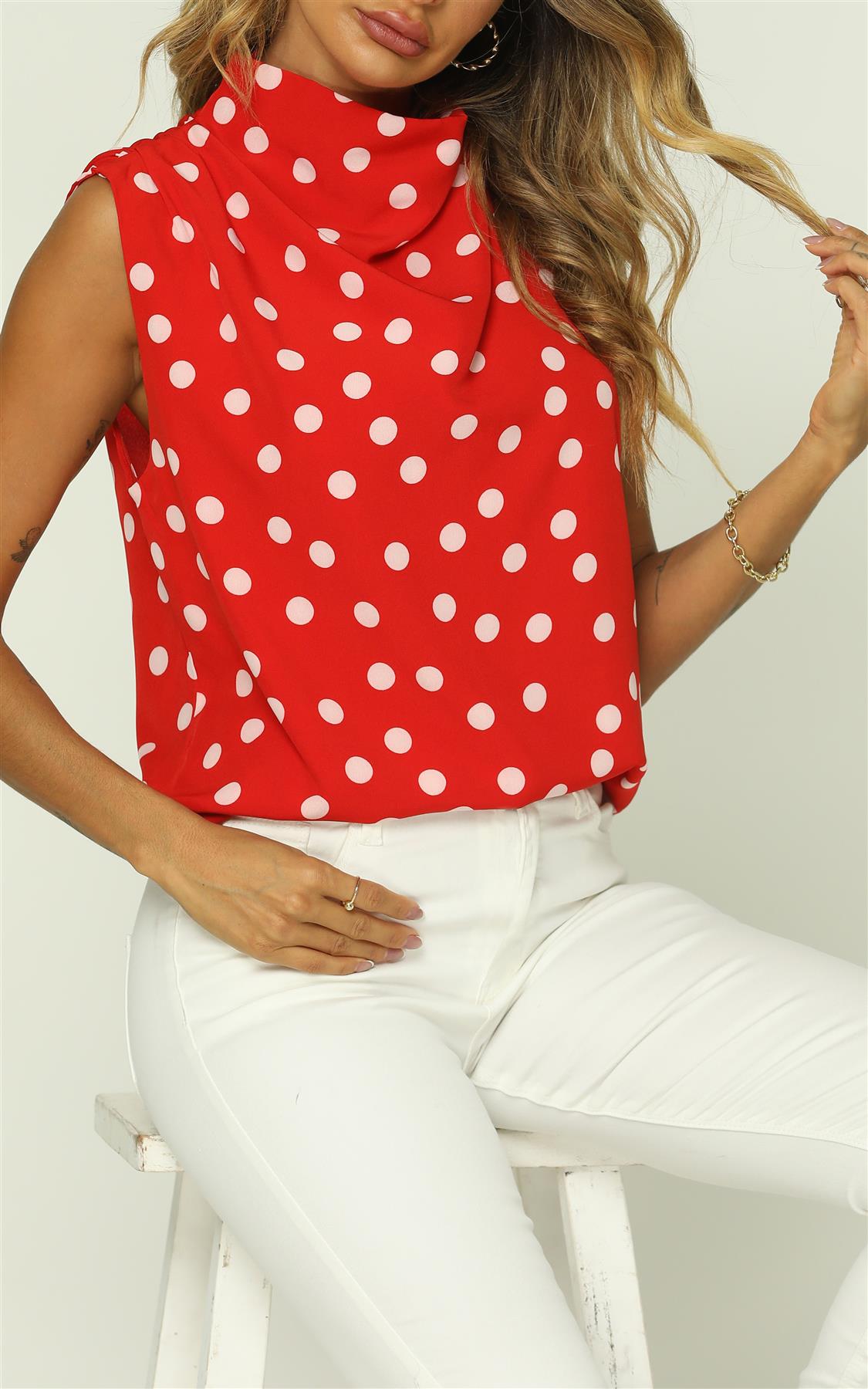Polka Dot High Neck Sleeveless Blouse In Red