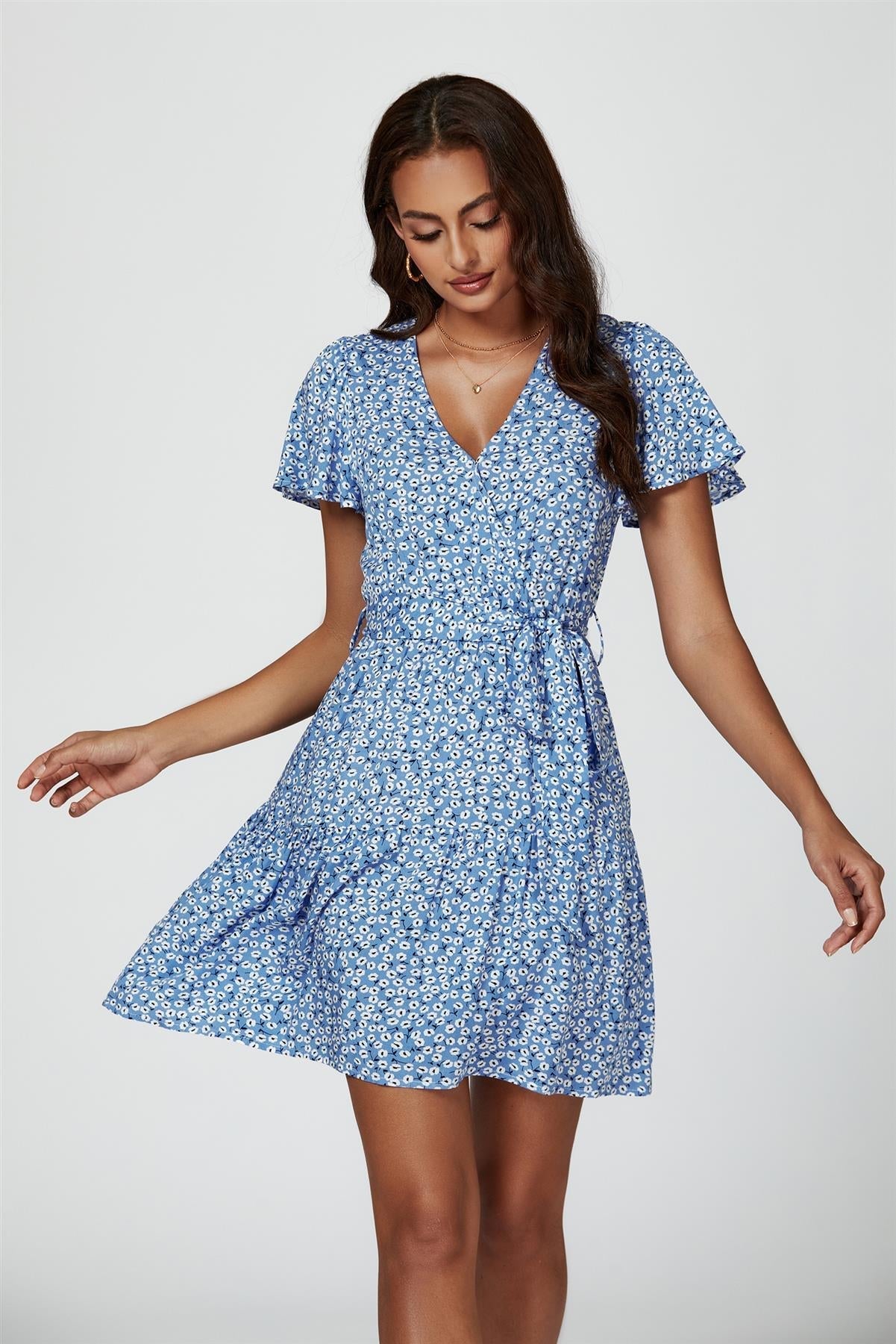 Floral Print Hem Tiered Wrap Mini Dress In Blue