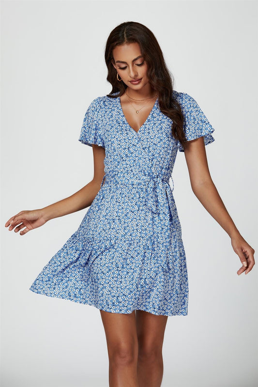 Floral Print Hem Tiered Wrap Mini Dress In Blue