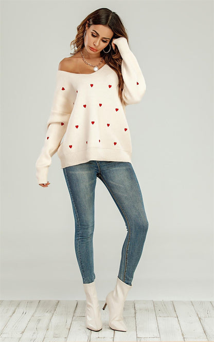 Embroidery Red Heart V Neck Jumper In Cream