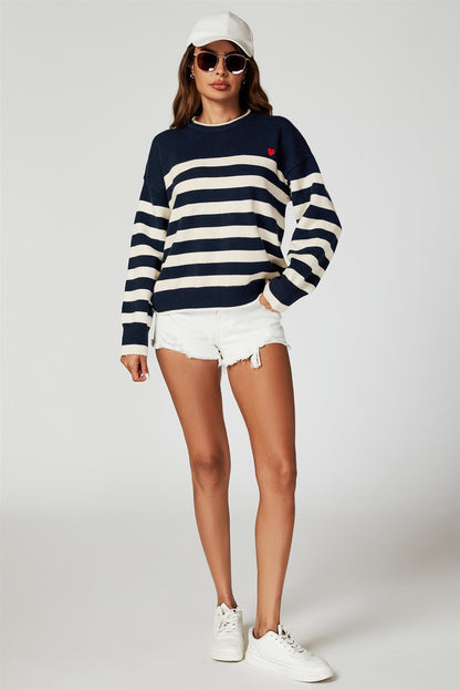 Stripe Jumper with Heart Embroidery In Navy