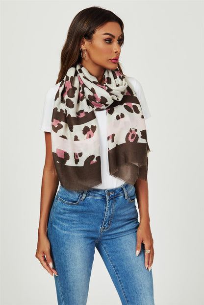 Leopard & Strip Print Fringed edges Scarf In Pink & Black