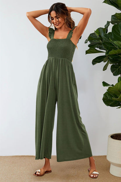 Frill Detail Strappy Jumpsuit In Olive