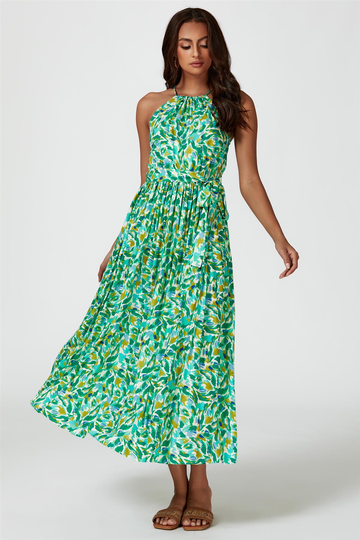 Maxi-Kleid mit abstraktem Print & Halterneck-Bindung in Grün