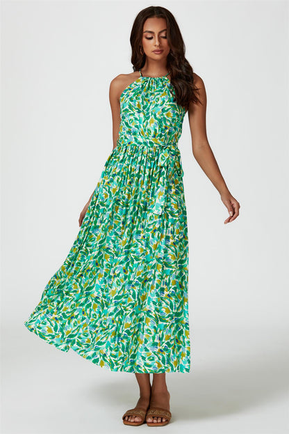 Maxi-Kleid mit abstraktem Print & Halterneck-Bindung in Grün