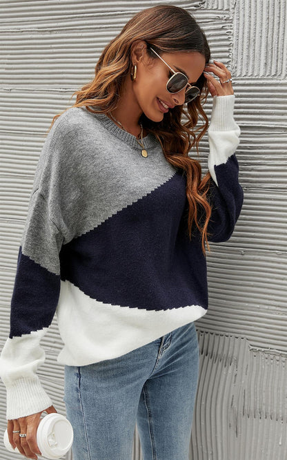 Navy & White Block Colour Jumper Top In Grey