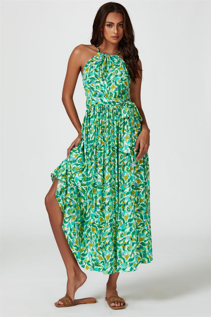 Maxi-Kleid mit abstraktem Print & Halterneck-Bindung in Grün