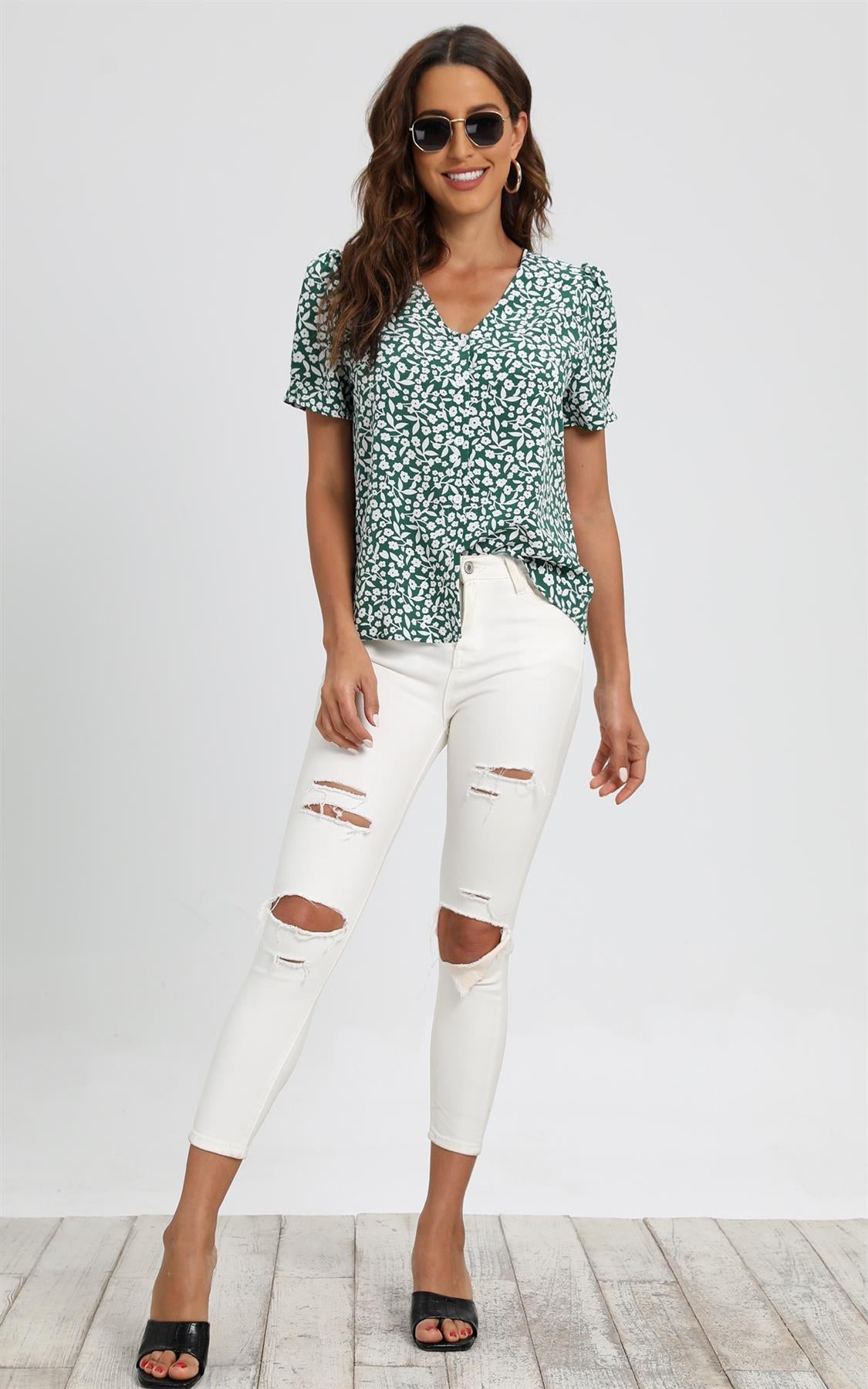 Short Sleeve Buttoned Blouse Top In Green & White Flora Print, puff short sleeve, V neck, casual summer wear for parties & office.