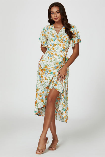 Floral Print Angel Sleeve Wrap Midi Dress In Yellow