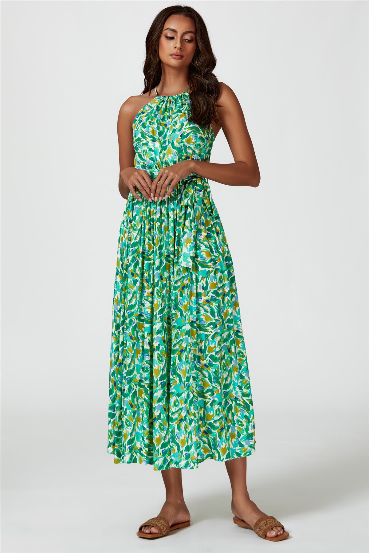 Maxi-Kleid mit abstraktem Print & Halterneck-Bindung in Grün