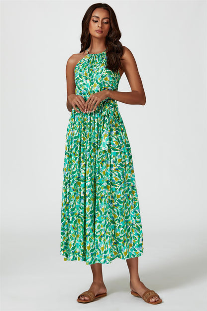 Maxi-Kleid mit abstraktem Print & Halterneck-Bindung in Grün