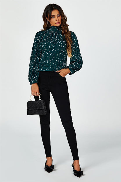 Polka Dot Print Long Sleeve Back Tie Blouse Top In Green