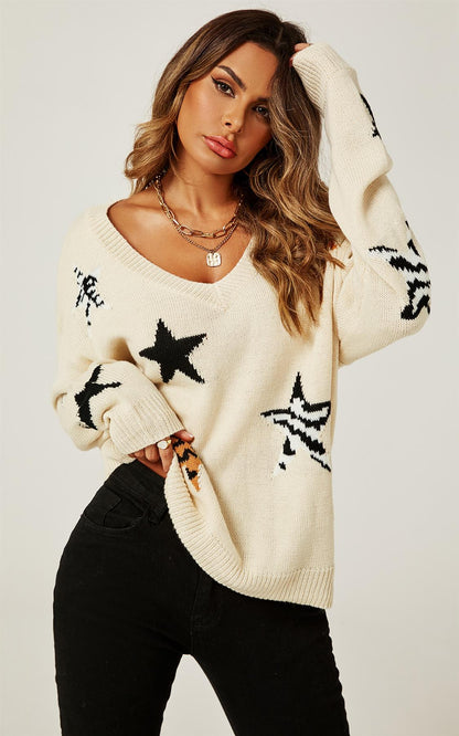Relaxed Soft V Neck Animal Star Pattern Jumper Top In Beige