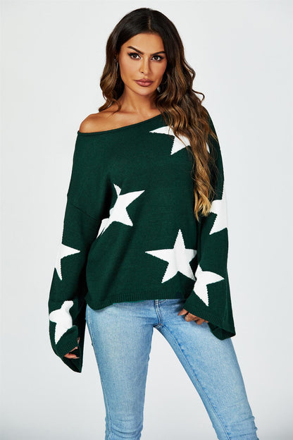 Wide Sleeve Oversize Dark Green Jumper With White Star
