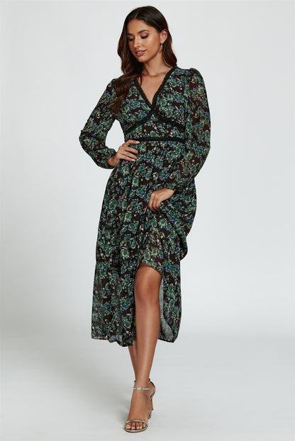 Floral Print Long Sleeve Midi Dress In Brown
