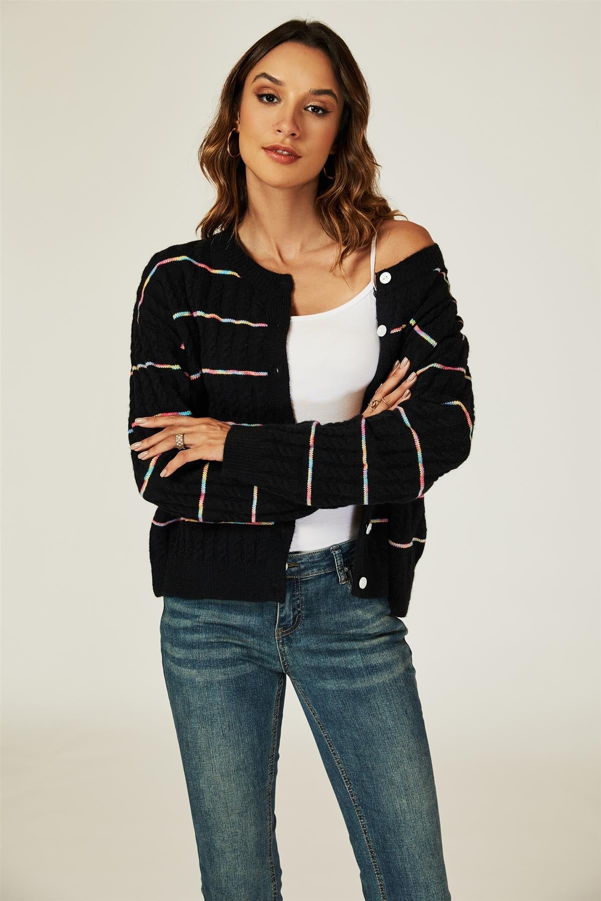 Rainbow Stripe Knitted Cardigan In Black